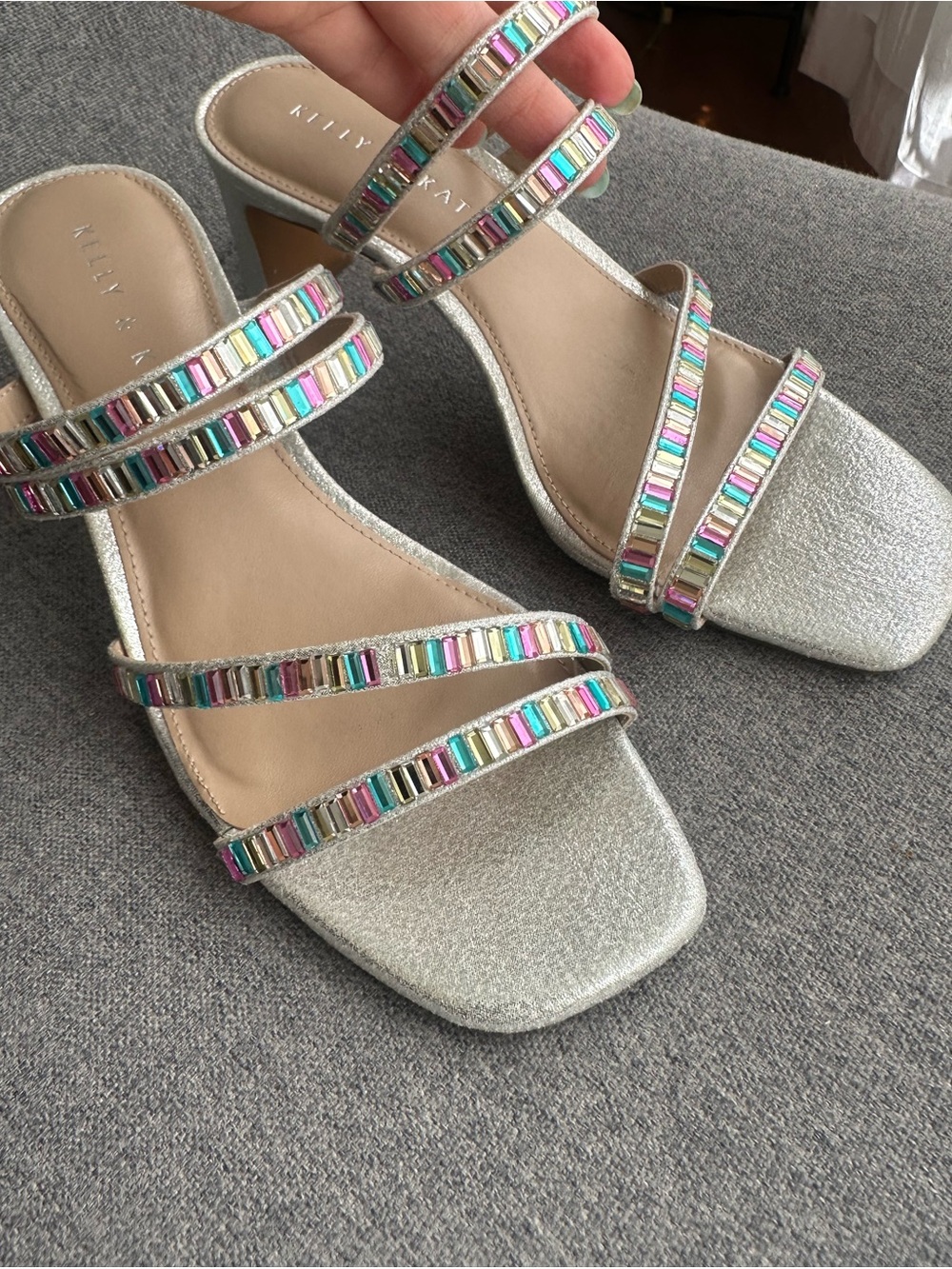Kelly & Katie Silver Strappy Heels with Multicolor Beaded Accents